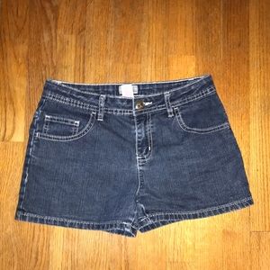 Dark wash jean shorts.